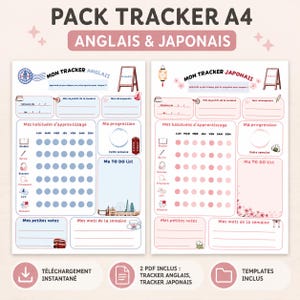 Peut inclure: Deux feuilles de suivi d'apprentissage A4 intitulées Pack Tracker A4 Anglais & Japonais. La feuille de gauche présente des accents bleus et des icônes londoniennes, tandis que celle de droite a des accents roses et des icônes japonaises.