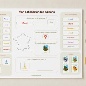 Peut inclure: Un calendrier éducatif intitulé Mon calendrier des saisons comprenant des sections pour les mois, les jours de la semaine, les saisons, la température et une carte de France. La mise en page inclut des zones interactives avec du texte coloré et des icônes.