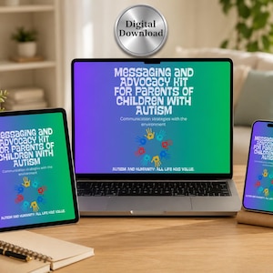 Puede incluir: Un gráfico de descarga digital con el texto "Messaging and Advocacy Kit for Parents of Children with Autism" que se muestra en una computadora portátil, una tableta y un teléfono inteligente. Las pantallas tienen un fondo degradado y un diseño de huellas de manos.