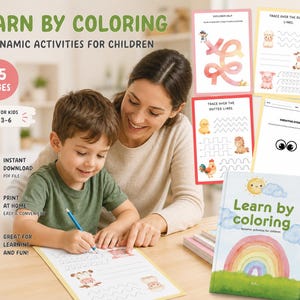 Puede incluir: Un libro de actividades digital titulado Learn by Coloring con 45 páginas de actividades dinámicas para niños. La portada muestra un arcoíris, un sol y nubes. Incluye hojas de trabajo con líneas punteadas para trazar e ilustraciones.