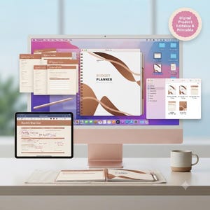 Puede incluir: Un planificador de presupuesto digital mostrado en un monitor de escritorio y una tableta, con patrones de ondas abstractas en marrón y blanco. La pantalla muestra varias ventanas abiertas con plantillas de seguimiento financiero, incluyendo un resumen mensual.