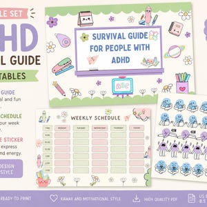 Puede incluir: Conjunto imprimible de Guía de Supervivencia para el TDAH con tres imprimibles. Incluye una portada, un horario semanal y pegatinas. El diseño es de estilo kawaii, tamaño US Letter 21,59 x 27,94 cm.