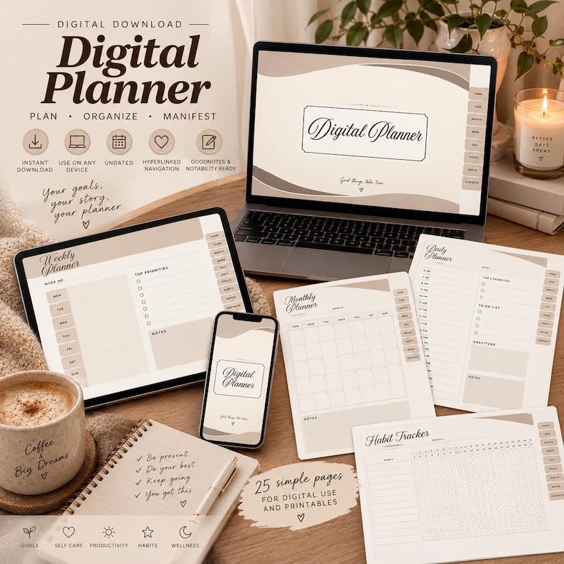 Digital Planner Undated Hyperlinked, Goodnotes Notability iPad Planner ...