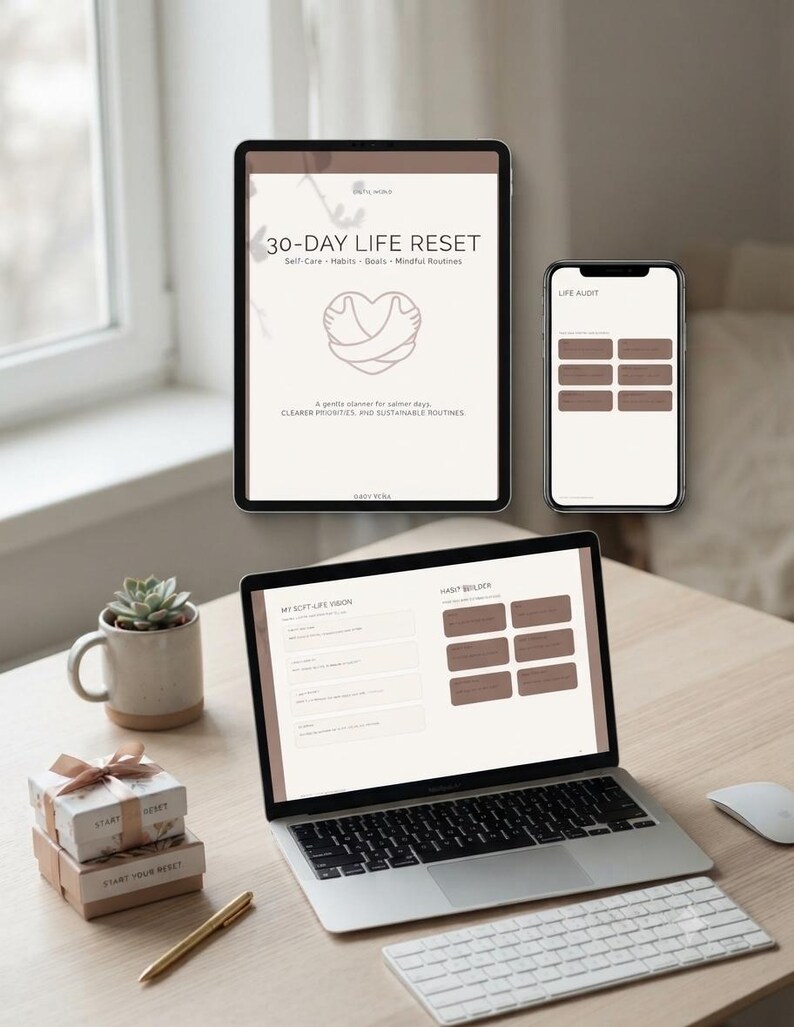 Puede incluir: Un planificador digital 30-Day Life Reset mostrado en una computadora port&aacute;til, tableta y tel&eacute;fono inteligente. La pantalla muestra texto que incluye 30-Day Life Reset, Self-Care, Habits, Goals, Mindful Routines, Life Audit, My Soft-Life Vision y Habit Block.