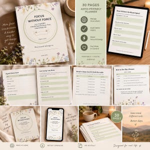 Peut inclure: Un planificateur de 30 pages adapté au TDAH intitulé Focus Without Force, avec une couverture florale, un affichage sur tablette numérique et diverses pages internes pour la gestion des tâches, incluant un menu de tâches.