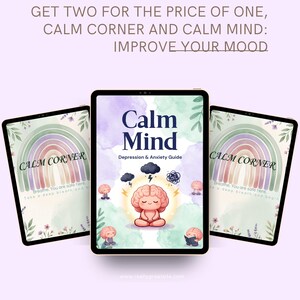 Puede incluir: Tres tabletas digitales que muestran guías tituladas Calm Mind y Calm Corner. La pantalla central muestra un personaje de cerebro meditando con nubes de tormenta y rayos. Las pantallas laterales presentan arcoíris pastel, detalles florales y el texto Breathe. You are safe here. Take a deep breath and begin.