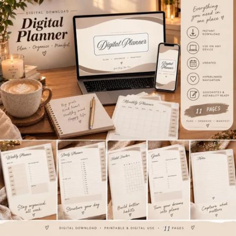 Digital Planner Undated Hyperlinked, Goodnotes Notability iPad Planner ...