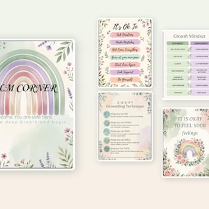 Puede incluir: Un conjunto de cuatro pósteres rectangulares con bordes florales en tonos pastel y arcoíris. Los pósteres contienen texto, incluyendo Calm Corner, It's Ok To, Growth Mindset, 5-4-3-2-1 Grounding Technique y It Is Okay To Feel Your Feelings.