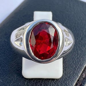 Men's Oval Ruby Ring 925 Sterling Silver, Heavy Red Stone Signet Ring for Him, Trillion Accent Gypsy Set Statement Ring