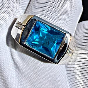 Anel de prata de lei 925 com topázio azul, anel masculino marcante, anel retangular com pedra preciosa, anel de sinete de prata feito à mão, presente para ele.