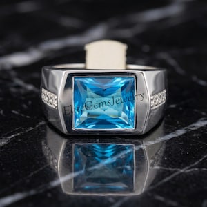 Anel de sinete masculino em prata de lei 925 com topázio azul, anel retangular com gema, anel marcante, aliança de casamento em prata, presente para ele.