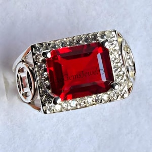 Men's Ruby Ring in 925 Sterling Silver, Emerald Cut Red Gemstone Statement Ring, Silver Signet Ring for Men, Anniversary Gift for Him