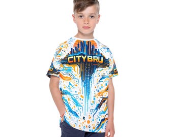 CityBru Futuristic Circle Skyline Kindertrikot | Orange Blau Allover Print