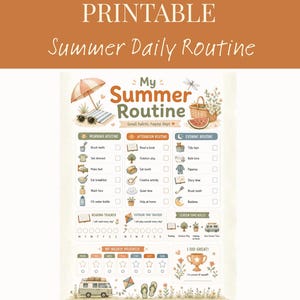 Könnte beinhalten: Ein druckbarer Tagesablaufplan mit dem Titel My Summer Routine mit Abschnitten für Morgen-, Nachmittags- und Abendaufgaben. Er enthält Illustrationen von Sonnenschirm, Picknickkorb, Wassermelone und Wohnmobil sowie Kontrollkästchen für Gewohnheiten.