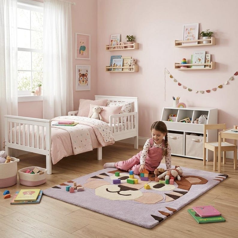 Custom Rugs For Baby Tiger Nursery Rug, Cute Animal Kids Carpet, Handmade Look Playroom Rug ...