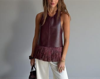 Women Faux Leather Fringe Halter Top Patchwork Backless Sleeveless Tank Shirt 2026