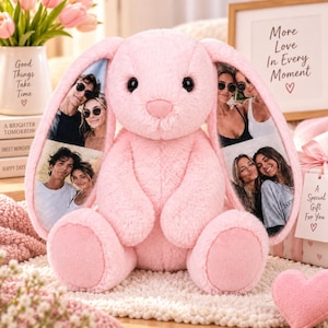 Peluche lapin photo personnalisée, animal en peluche avec photo personnalisée, cadeau d'anniversaire pour un couple, souvenir de mariage, cadeau d'anniversaire pour elle