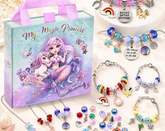 May include: A jewelry making kit featuring a box labeled My Magic Princess with a mermaid and unicorn illustration, containing multiple silver-tone charm bracelets and necklaces with colorful beads, rainbow, mermaid, and star charms.