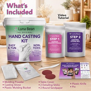 May include: A Luna Bean hand casting kit including a large plastic bucket, a bag of alginate moulding powder, a bag of casting stone mix, a plastic knife, a pin, two detailing sticks, two round sandpaper discs, a table cover, and instructions.