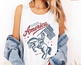 4th of July Comfort Colors® Tank Top, Retro American Flag Summer Shirt, Land of the Free USA Shirt, Patriotic Cowgirl Fourth of July Shirt