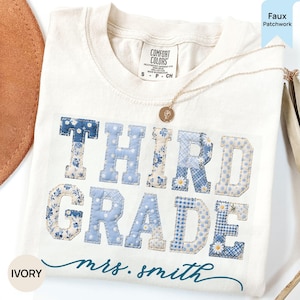 Comfort Colors® Custom Third Grade Teacher Shirt 3rd Grade Matching Group T-Shirt Floral Blue Faux Patchwork Educator Backto School Team Tee