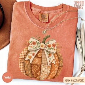 Comfort Colors® Pumpkin Shirt, Fall Coquette Tee, Autumn Thanksgiving Gift, Faux Patchwork Pumpkin Tshirt Cute Fall Bow Pumpkin Shirt