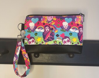 Clutch Bag, Zippered Bag, Wristlet, Vinyl Bag, Horror Bag, Jason, Michael, Ghost Face, Pennywise, Clowns, Lisa Frank Vibes, Rainbow Handmade