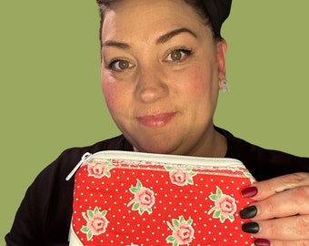 Rockabilly  Make Up Bag, Zippered Bag, Coin Purse, aloha, retro vibes, pin up girl, Polka dots, rose, vintage 100 % Handmade