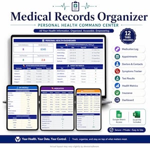 Medical Records Organizer Spreadsheet, Personal Health Tracker, Medication Log, Doctor Appointment Tracker, Lab Results, Excel Google Sheets