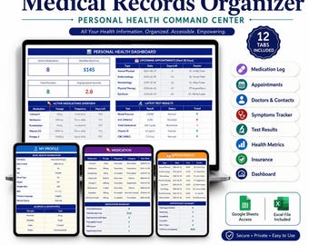 Hoja de cálculo para organizar registros médicos, registro de salud personal, registro de medicamentos, seguimiento de citas médicas, resultados de laboratorio, Excel y Google Sheets.