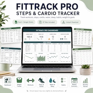 Puede incluir: Una hoja de cálculo digital FitTrack Pro de seguimiento de pasos y cardio en una pantalla de portátil, con un panel de control para peso, ejercicio, agua, sueño y hábitos, además de iconos para el panel, peso, ejercicios, pasos y hábitos.