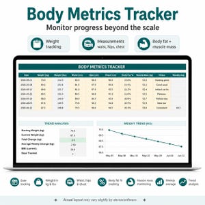 Puede incluir: Un rastreador digital de m&eacute;tricas corporales en una pantalla de port&aacute;til, con una tabla de datos que incluye fecha, peso en kg y lbs, cintura, caderas, pecho, porcentaje de grasa corporal, masa muscular y notas, adem&aacute;s de un gr&aacute;fico de tendencia.
