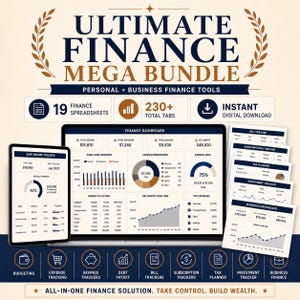 Op de afbeelding: Een advertentie voor de Ultimate Finance Mega Bundle, een digitale download met persoonlijke en zakelijke financiële tools. De afbeelding toont een laptop en tablet met financiële dashboards, spreadsheets en trackers. De bundel bevat 19 spreadsheets en meer dan 230 tabbladen.