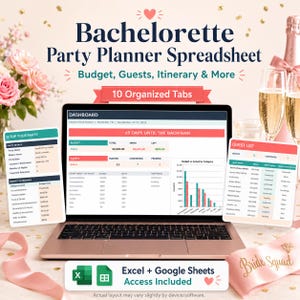 Bachelorette Party Planner Spreadsheet, Bach Bash Budget Tracker, Guest List RSVP, Itinerary, Packing List, Excel Google Sheets