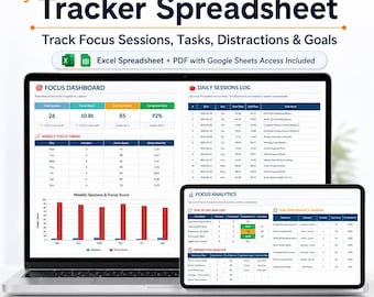Pomodoro Technik-Tracker-Spreadsheet, Fokus-Tracker, Aufgaben-Manager, tägliches Sitzungs-Tagebuch, Produktivitäts-Dashboard, Excel Google Sheets