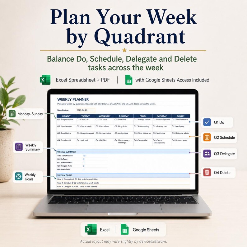 K&ouml;nnte beinhalten: Ein digitaler Wochenplaner auf einem Laptop-Bildschirm, unterteilt in Quadranten f&uuml;r Aufgaben wie Do, Schedule, Delegate und Delete. Die Benutzeroberfl&auml;che enth&auml;lt eine Wochenzusammenfassung, Ziele und Datumsfelder, kompatibel mit Excel, PDF und Google Sheets.