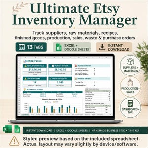 Hoja de cálculo para la gestión de inventario de Etsy, seguimiento de existencias para negocios de productos hechos a mano, materias primas, registro de producción, costo de los bienes vendidos (COGS), Excel y Google Sheets