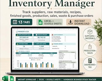 Hoja de cálculo para la gestión de inventario de Etsy, seguimiento de existencias para negocios de productos hechos a mano, materias primas, registro de producción, costo de los bienes vendidos (COGS), Excel y Google Sheets