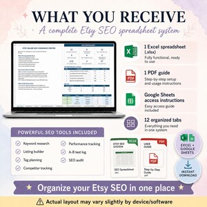 May include: A digital Etsy SEO spreadsheet system displayed on a laptop screen, featuring an SEO dashboard with performance metrics. The set includes an Excel file, a PDF user guide, and Google Sheets access instructions, all organized into 12 tabs.