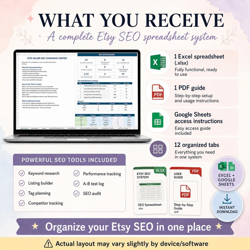 May include: A digital Etsy SEO spreadsheet system displayed on a laptop screen, featuring an SEO dashboard with performance metrics. The set includes an Excel file, a PDF user guide, and Google Sheets access instructions, all organized into 12 tabs.