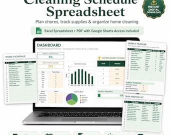 Reinigungsplan, Haushaltsplaner, Checkliste für die wöchentliche monatliche Reinigung, Rohstoff-Tracker, Excel Google Sheets