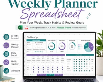 Weekly Planner Spreadsheet, Weekly Schedule Planner, Habit Tracker, Goal Priority Dashboard, Excel Google Sheets