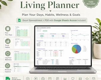 Minimalist Living Planner Spreadsheet, Daily Planner Excel, Google Sheets Habit Tracker, Wellness Log, Weekly Monthly Review Dashboard