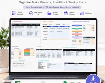 Aufgabenliste, Aufgabenliste, Projektplaner, Eisenhower-Matrix, Wochenplaner, Produktivitäts-Dashboard, Excel Google Sheets