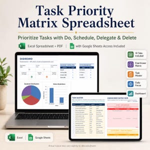 K&ouml;nnte beinhalten: Eine digitale Aufgabenpriorit&auml;tsmatrix-Tabelle auf einem Laptop- und Tablet-Bildschirm. Die Benutzeroberfl&auml;che zeigt ein Dashboard mit Diagrammen, eine Aufgabenliste und eine Eisenhower-Matrix-Ansicht. Kompatibel mit Excel, PDF und Google Sheets.