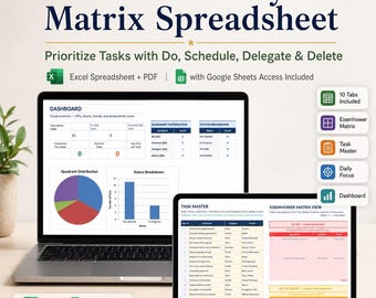 Task Priority Matrix Spreadsheet, Eisenhower Matrix, Task Tracker, Daily Focus Planner, Weekly Planner, Excel Google Sheets