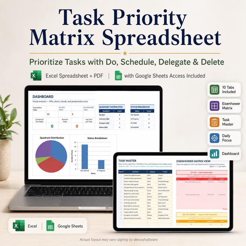 K&ouml;nnte beinhalten: Eine digitale Aufgabenpriorit&auml;tsmatrix-Tabelle auf einem Laptop- und Tablet-Bildschirm. Die Benutzeroberfl&auml;che zeigt ein Dashboard mit Diagrammen, eine Aufgabenliste und eine Eisenhower-Matrix-Ansicht. Kompatibel mit Excel, PDF und Google Sheets.