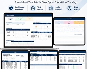 Kanban Board Template Spreadsheet, Task Tracker, Project Planner, Team Workload, Sprint Planner, Excel Google Sheets