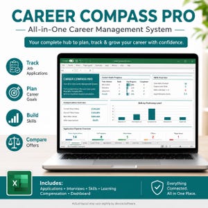 Foglio di calcolo per la pianificazione degli obiettivi di carriera, strumento di monitoraggio dello sviluppo di carriera in Excel, strumento di monitoraggio delle candidature in Google Sheets, dashboard delle competenze