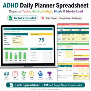 ADHD Daglig Planner Kalkylblad, Planerare för Exekutiva Funktioner, Excel & Google Sheets Livshub, Vanebudget Måltidsspårare